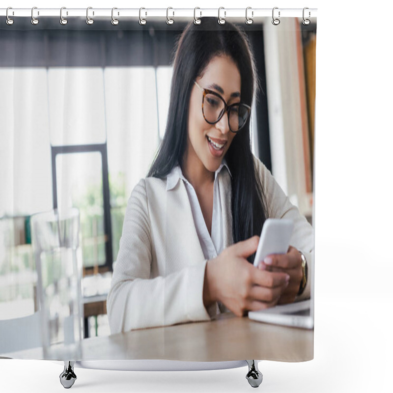 Personality  Selective Focus Of Happy Businesswoman Using Smartphone Near Laptop  Shower Curtains