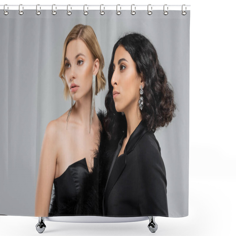 Personality  Portrait Of Multiracial Girlfriends In Black Elegant Attire And Silver Earrings On Grey Backdrop Shower Curtains