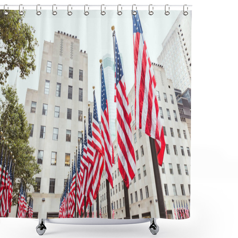 Personality  Low Angle View Of American Flags And Buildings, New York, Usa Shower Curtains