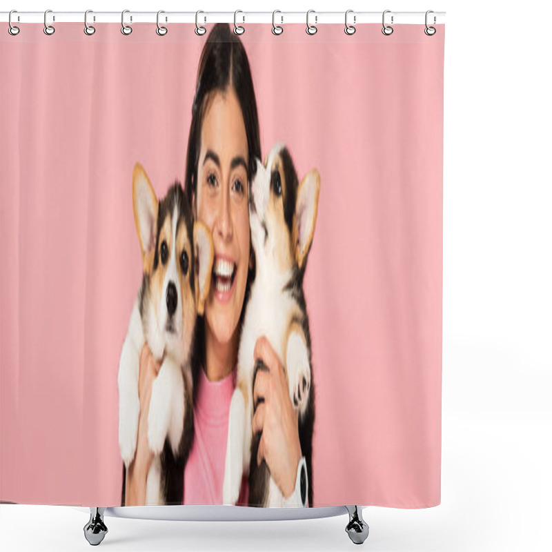 Personality  Smiling Woman Holding Welsh Corgi Puppies, Isolated On Pink Shower Curtains