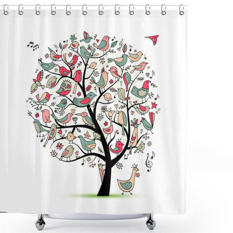 Personality  Tree With Birds, Sketch For Your Design. Vector Illustration Shower Curtains