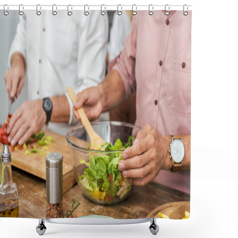 Personality  Cropped Image Of Men Preparing Salad For Dinner At Home Shower Curtains