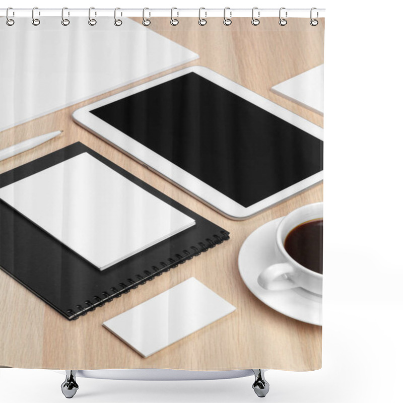 Personality  Digital Tablet With Notepad, Supplies And Coffee Cup On Desktop. Shower Curtains