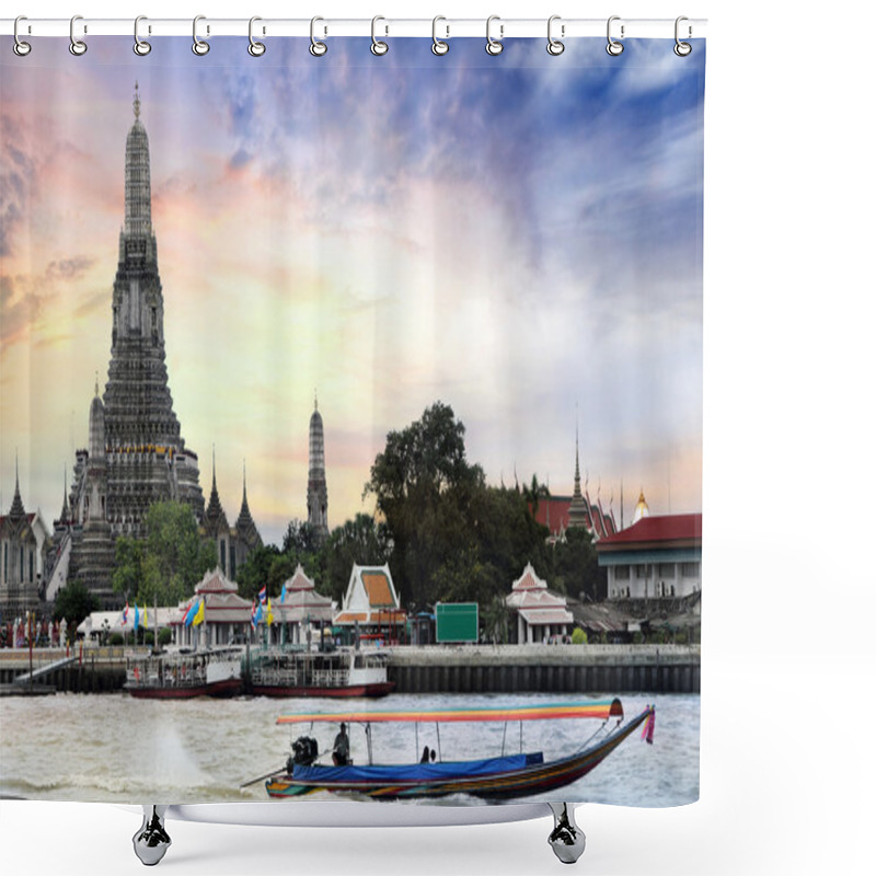 Personality  Long Tail Motor Boat Cruise In Front Of Wat Arun In Chaopraya River Shower Curtains