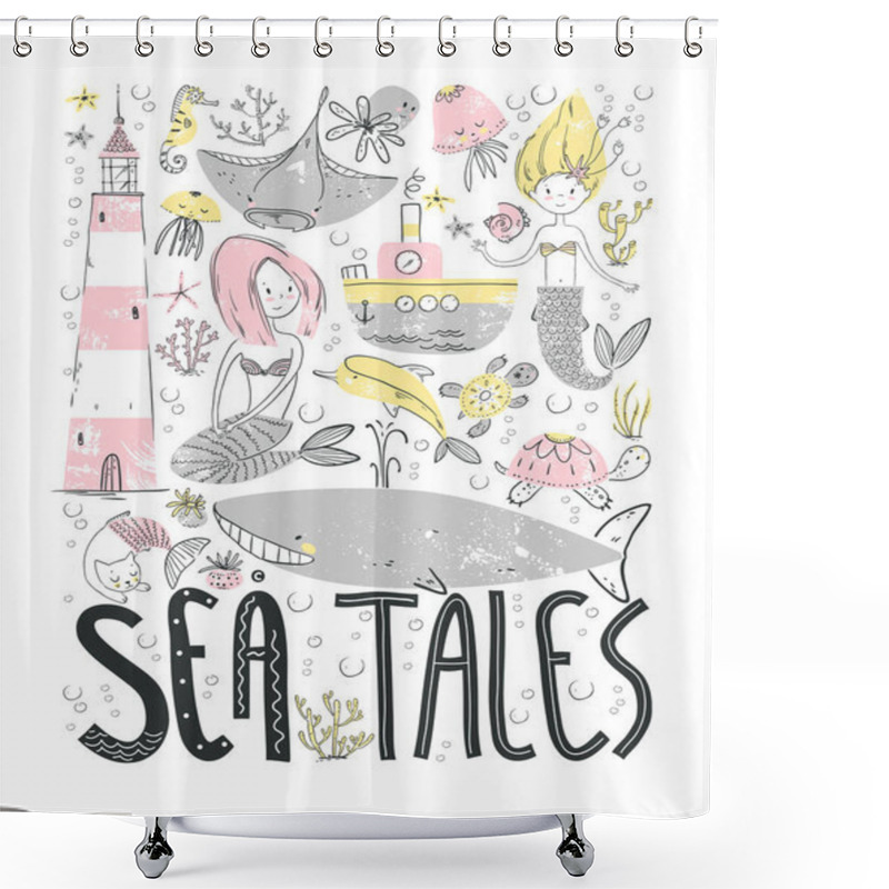 Personality  Poster Sea Tales With Ocean Symbols. Mermaids And Sea Animals, Water Transport And Lighthouse. Shower Curtains