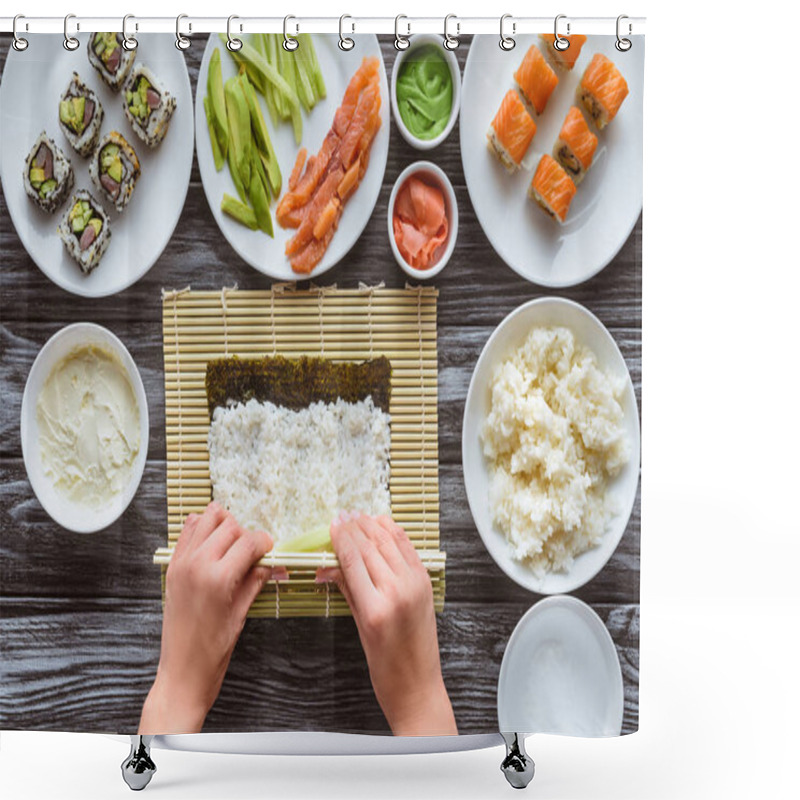 Personality  Cropped Shot Of Person Preparing Sushi With Rice And Nori  Shower Curtains