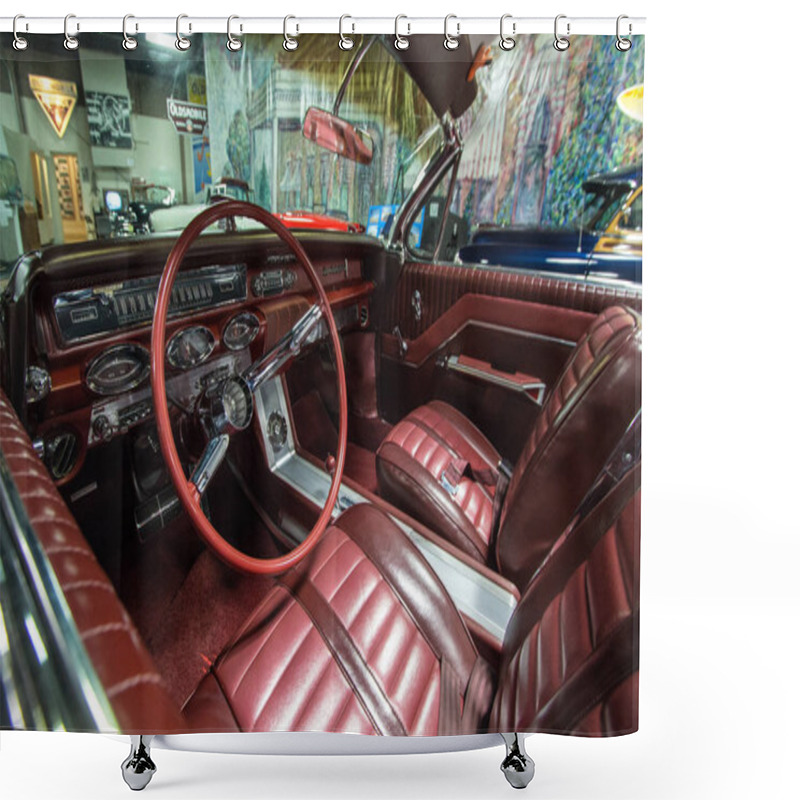 Personality  Lansing, Michigan, USA, March 14, 2019: - Interior Of A Classic Oldsmobile Super 88 Convertible That Is The Grand Prize For The RE Olds Museum Annual Raffle. Each Year The Museum Offers A Donated Classic Oldsmobile Car As Grand Prize In It's Raffle. Shower Curtains