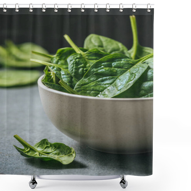 Personality  Fresh And Wet Spinach Leaves In White Bowl Shower Curtains