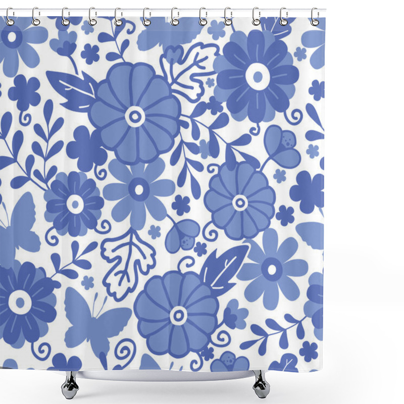 Personality  Delft Blue Dutch Flowers Seamless Pattern Background Shower Curtains