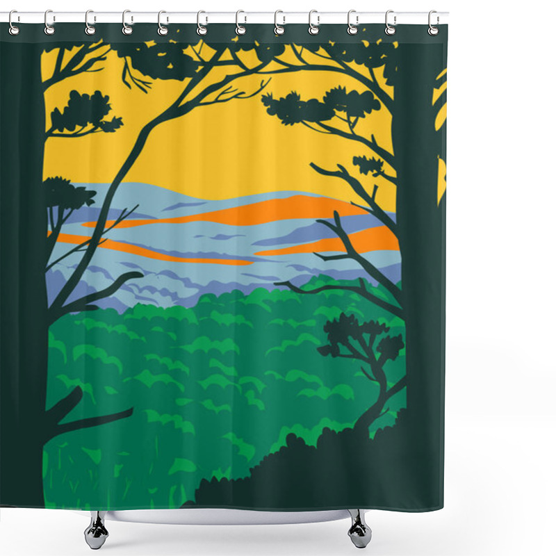 Personality  WPA Poster Art Of The Ouachita Mountains Or Ouachitas, A Mountain Range In Arkansas And Oklahoma Within The Hot Springs National Park Done In Works Project Or Administration Federal Art Project Style. Shower Curtains