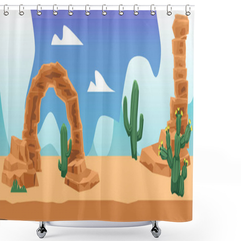 Personality  Desert Landscape Poster Or Game Location Background, Flat Vector Illustration. Shower Curtains