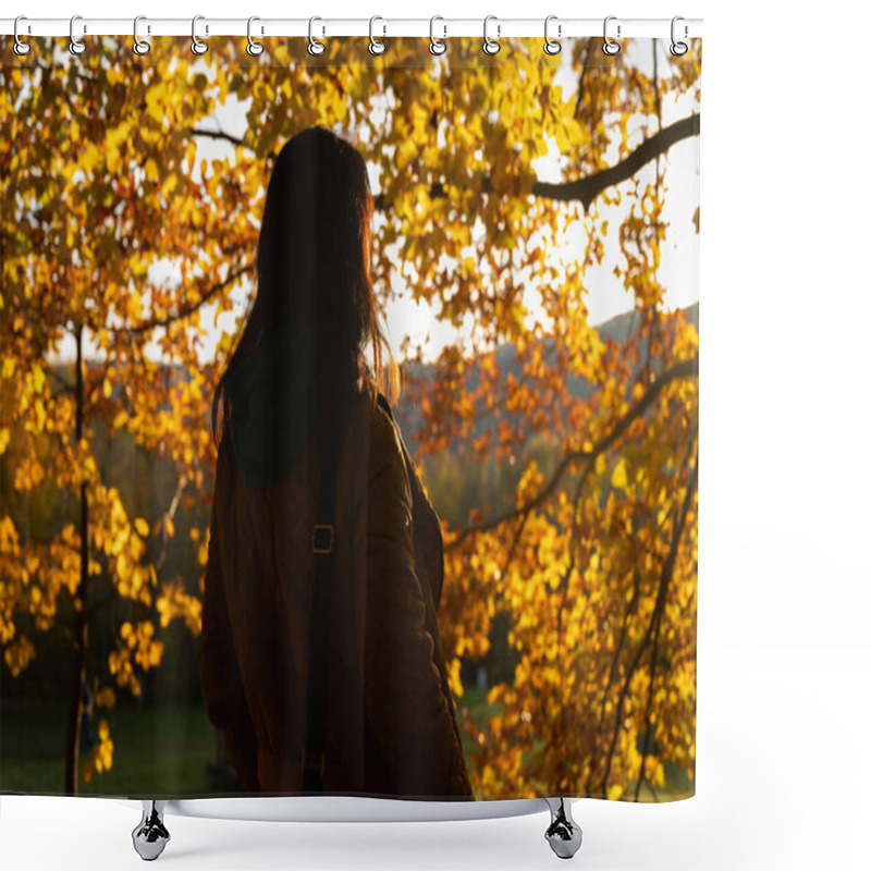 Personality  Portrait Of A Thoughtful Woman, Girl In Soft Autumn Sunlight Surrounded By Golden Leaves. Warm And Bright Outdoor Scene Reflecting The Joy And Beauty Of The Autumn Season, Back View Shower Curtains