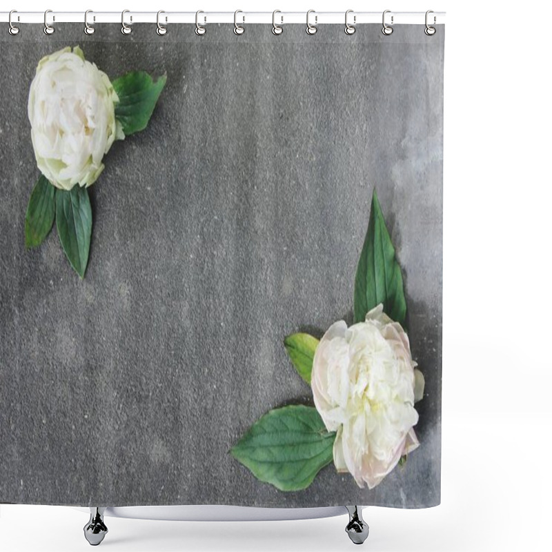 Personality  Delicate White Peonies With Green Leaves On A Textured Gray Surface. Shower Curtains