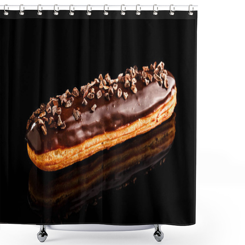 Personality  Classic Chocolate Eclair With Chocolate Spread And Chocolate Tidbits On Top. Confectionery Photography Concept. Shower Curtains