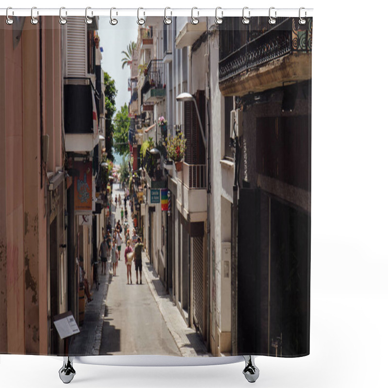 Personality  CATALONIA, SPAIN - APRIL 30, 2020: People Walking On Urban Street Near Houses With Plants On Balcony Shower Curtains