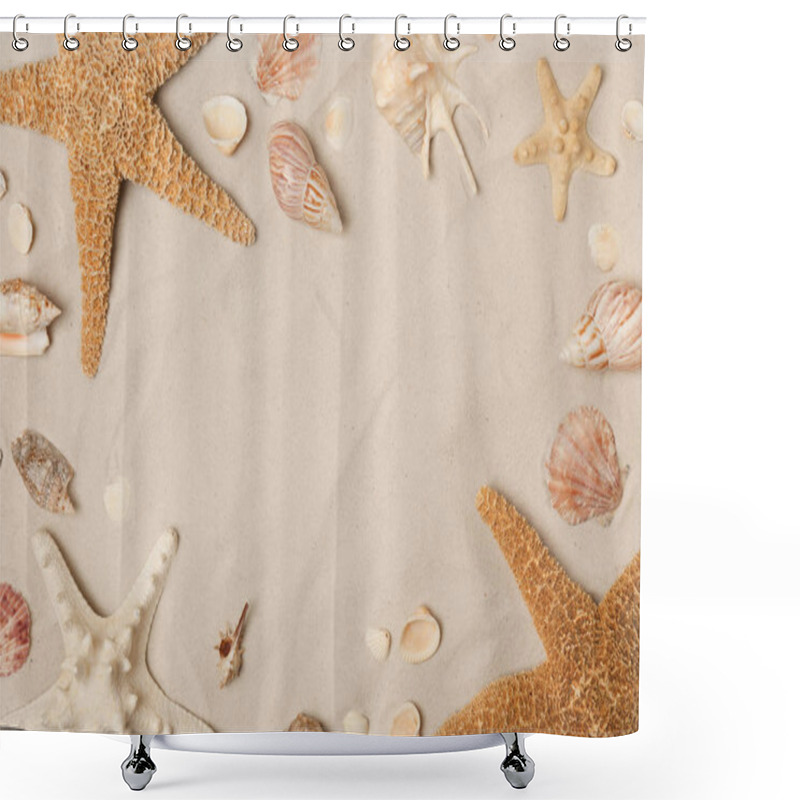 Personality  Frame Made Of Seashells And Starfishes On Beach Sand, Top View With Space For Text Shower Curtains