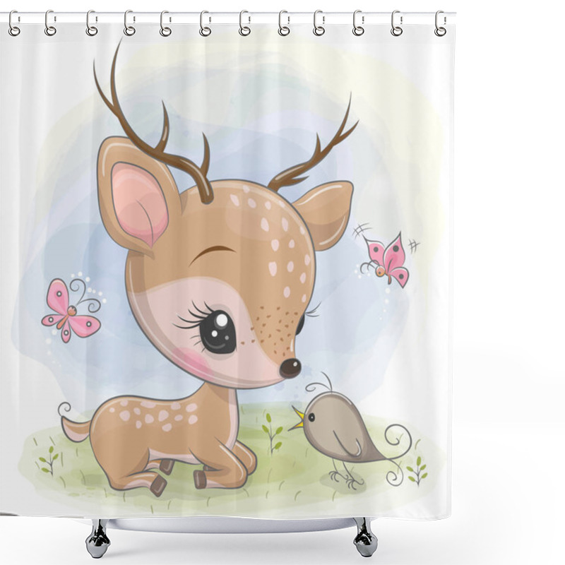 Personality  Cartoon Deer With Bird On The Meadow Shower Curtains