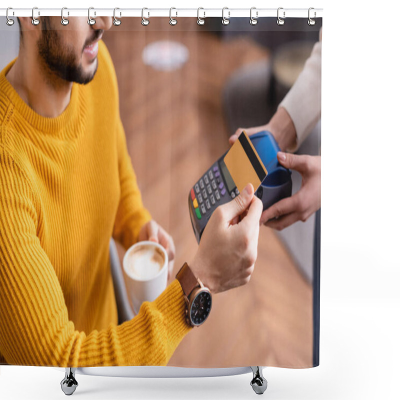 Personality  Partial View Of Arabian Man Paying Through Payment Terminal In Hands Of Waitress Shower Curtains