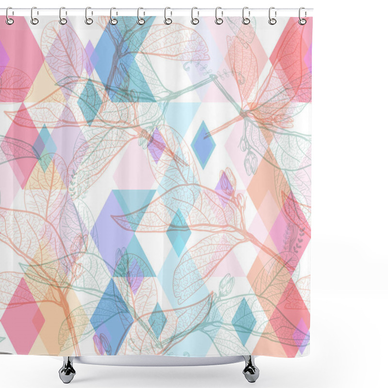 Personality  Leaves Contours, Rainbow Magenta Pink Orange Turquoise Lilac Purple Modern Trendy Floral Seamless Pattern Pastel Colors On White. Hand-drawn Geometric Abstract Background For Site Blog Fabric. Vector Illustration Shower Curtains