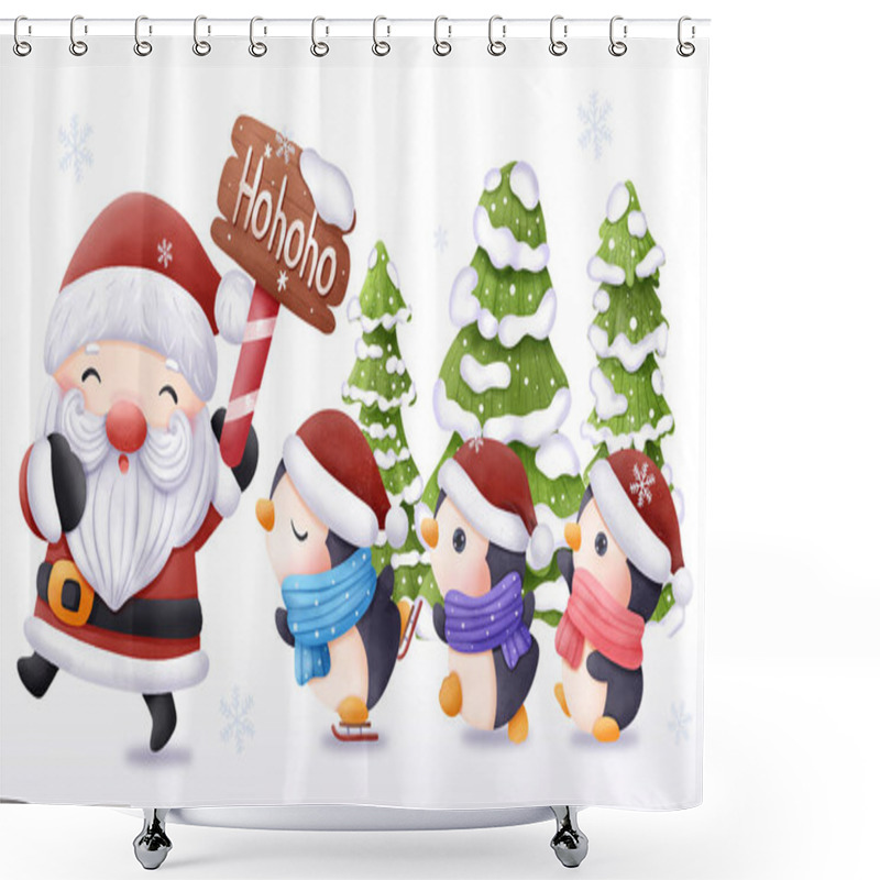 Personality  Christmas Illustration Santa With Penguins Shower Curtains