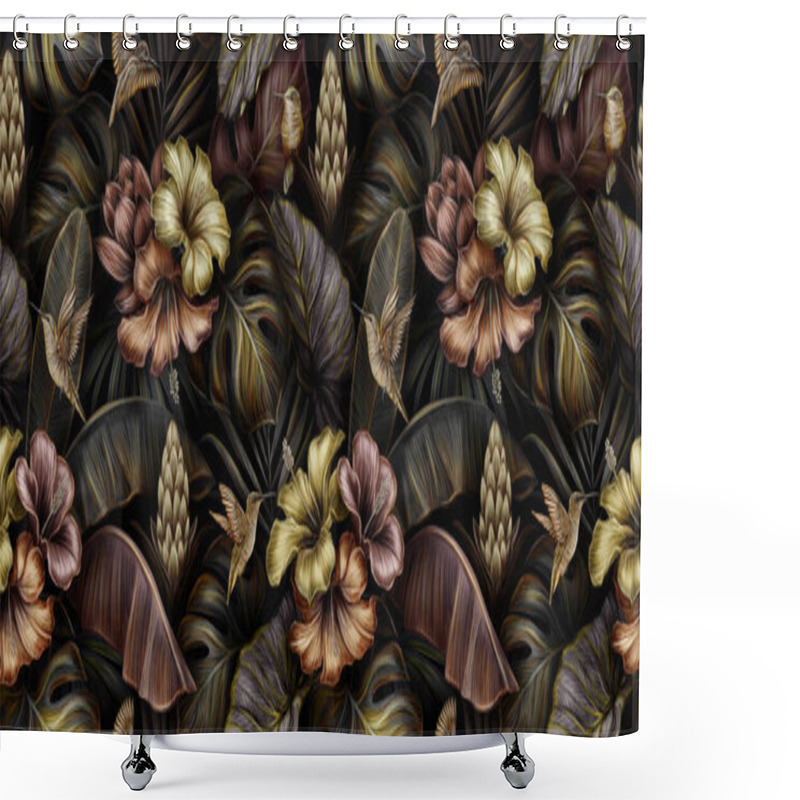 Personality  Tropical Exotic Seamless Pattern With Birds, Monstera, Hibiscus, Bromeliad, Banana Leaves, Palm, Colocasia. Hand-drawn 3D Illustration. Good For Production Wallpapers, Gift Paper, Cloth And Fabric Printing. Shower Curtains