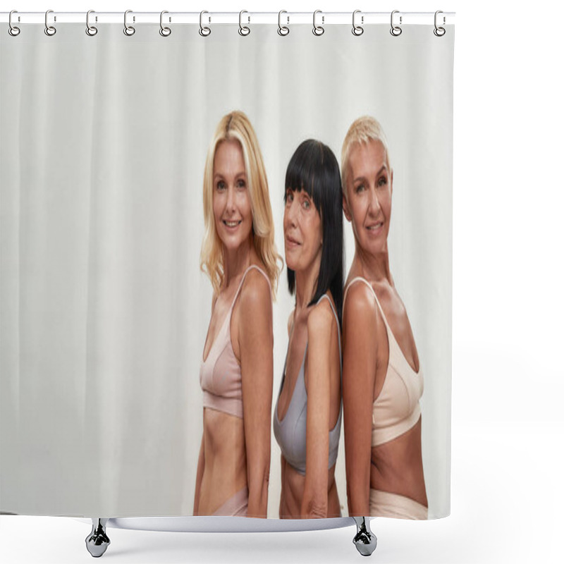 Personality  Smiling Beauty. Vertical Shot Of Three Naturally Beautiful Mature Caucasian Women In Underwear Posing Together Isolated Over Light Background Shower Curtains