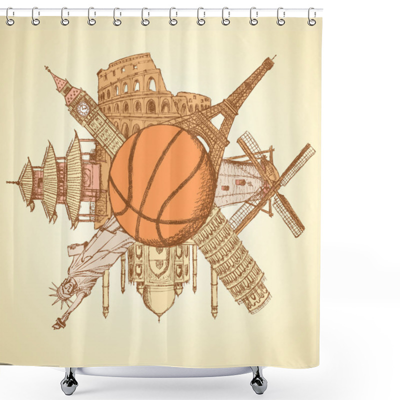 Personality  Famous Architecture Buildings Around Basketball Ball Shower Curtains