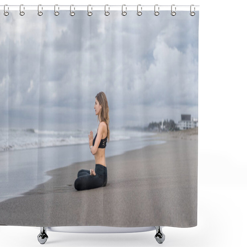 Personality  Side View Of Beautiful Young Woman Practicing Yoga In Lotus Pose (padmasana) With Namaste Mudra On Seashore Shower Curtains