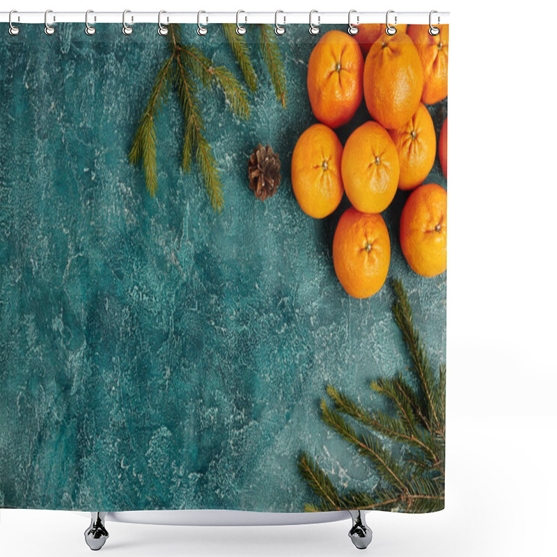 Personality  Ripe Mandarins And Fir Branches With Pine Cone On Blue Textured Background With Copy Space Shower Curtains