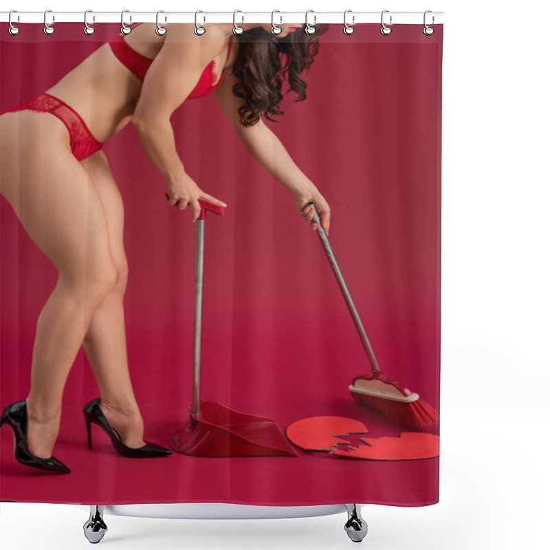 Personality  Cropped View Of Sexy Girl In Lingerie And High Heeled Shoes Sweeping Broken Paper Heart With Broom And Scoop On Red Background Shower Curtains