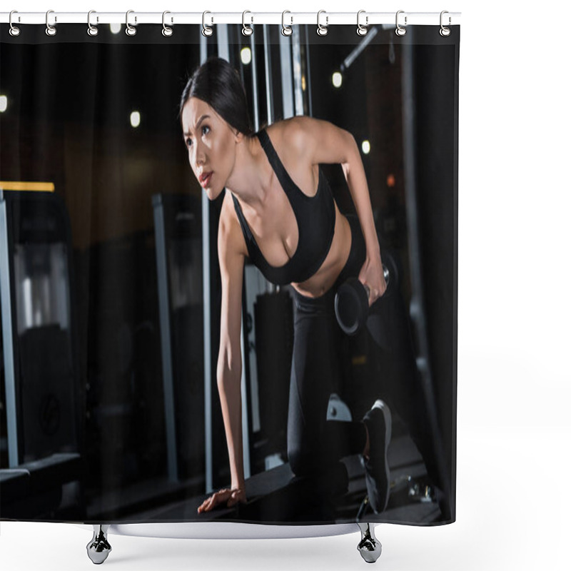 Personality  Low Angle View Of Strong And Beautiful Woman Working Out With Dumbbell In Gym  Shower Curtains