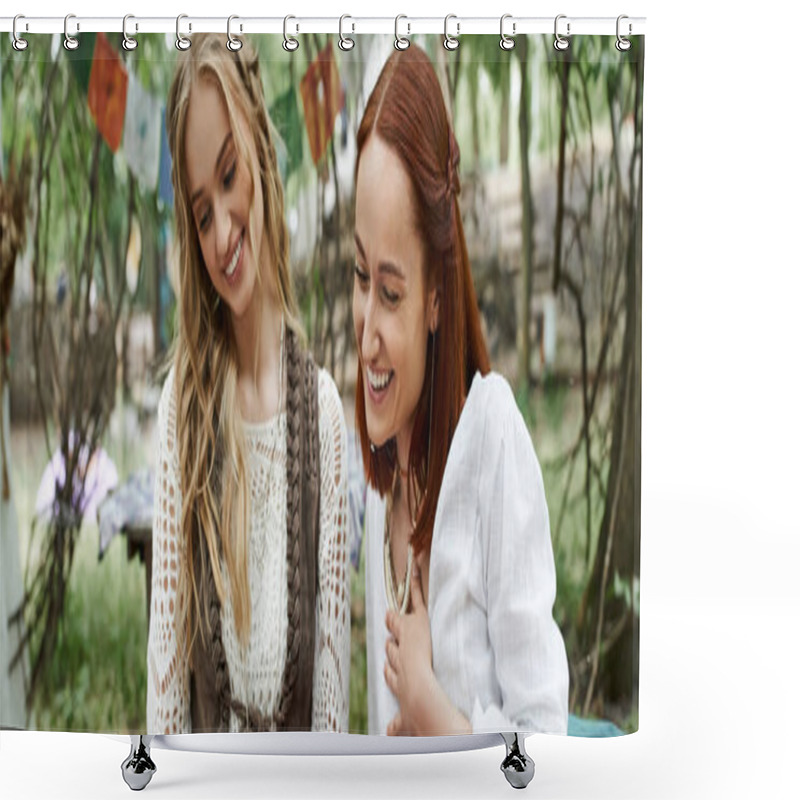 Personality  Laughing Women In Stylish Outfits Spending Time Together In Retreat Center Outdoors, Banner Shower Curtains