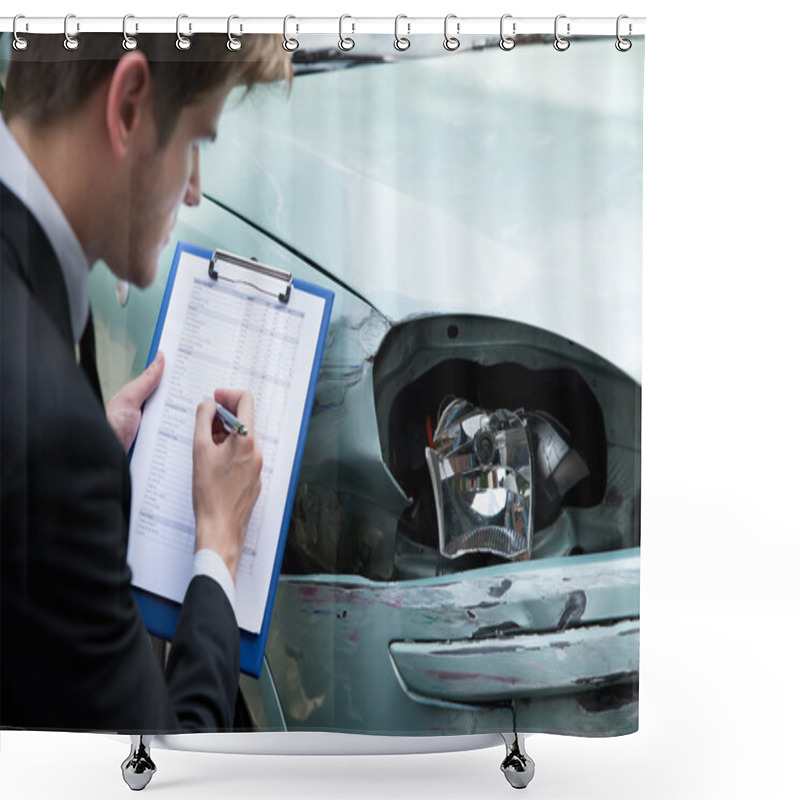 Personality  Insurance Agent Examining Car After Accident Shower Curtains