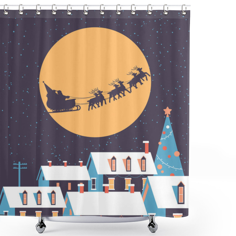 Personality  Santa Flying In Sleigh With Reindeers In Night Sky Over Snowy Village Houses Merry Christmas Happy New Year Winter Holidays Concept Greeting Card Flat Shower Curtains