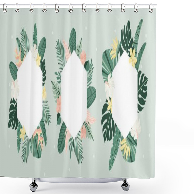 Personality  Geometry Tropical Frames Collection. Vector Summer Illustration. Greenery, Palm Leaves, Banana Leaf, Hibiscus, Plumeria Flowers. Perfect For Wedding, Tropical Party, Branding. Shower Curtains