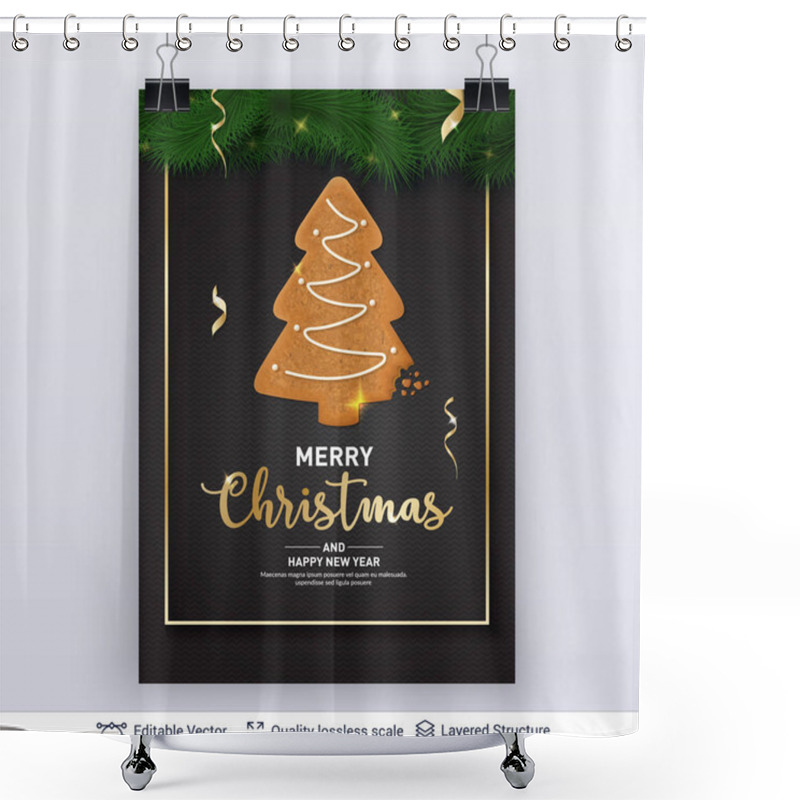 Personality  Gingerbread Fir Tree Cookie On Dark Banner. Shower Curtains