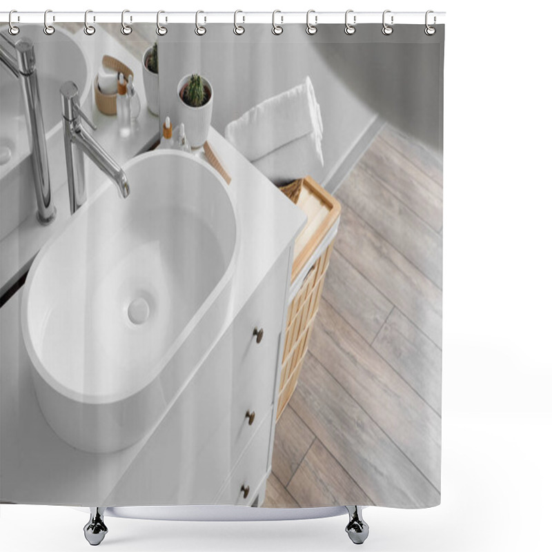 Personality  White Sink With Bath Accessories And Basket In Light Bathroom, Closeup Shower Curtains