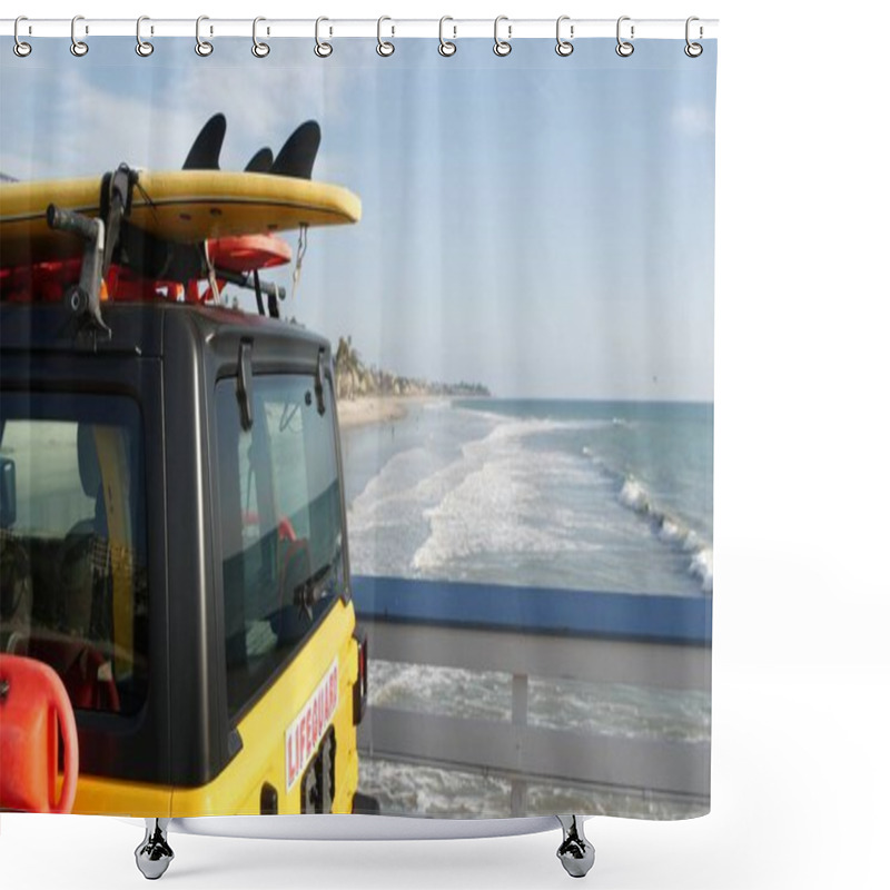 Personality  Yellow Lifeguard Car, Ocean Beach California USA. Rescue Pick Up Truck, Lifesavers Vehicle. Shower Curtains