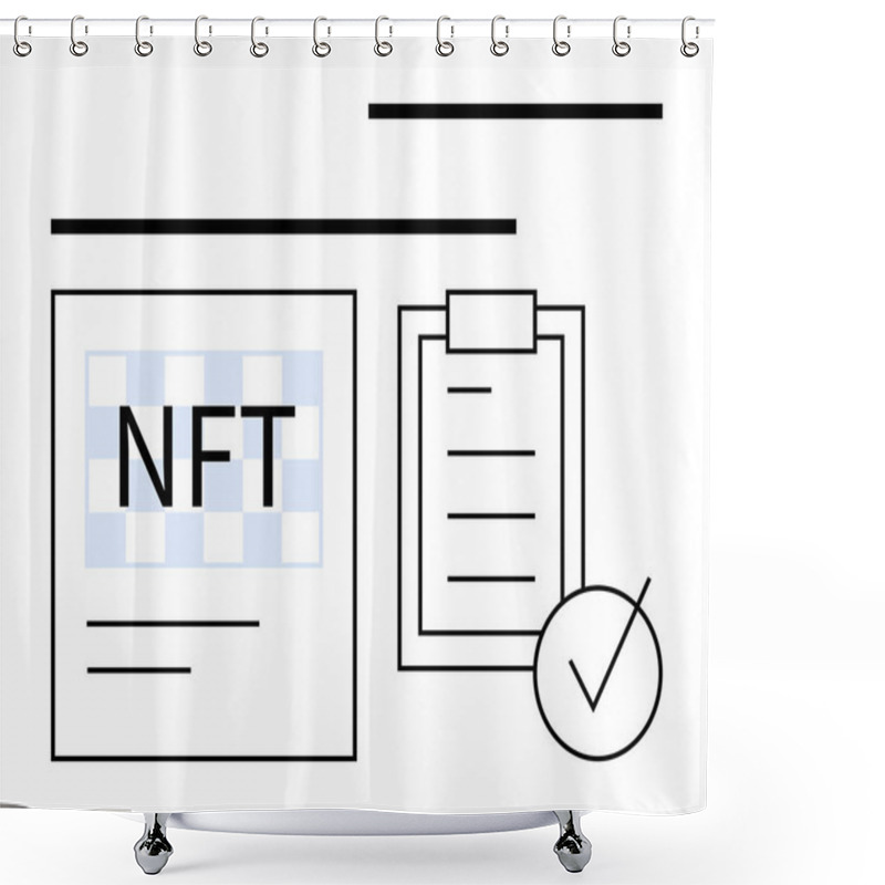 Personality  NFT Document Next To A Checklist With A Checkmark In Minimal Black And White Design. Ideal For Digital Certification, Asset Validation, Blockchain Contracts, Tech Legalities, Data Security, Virtual Shower Curtains