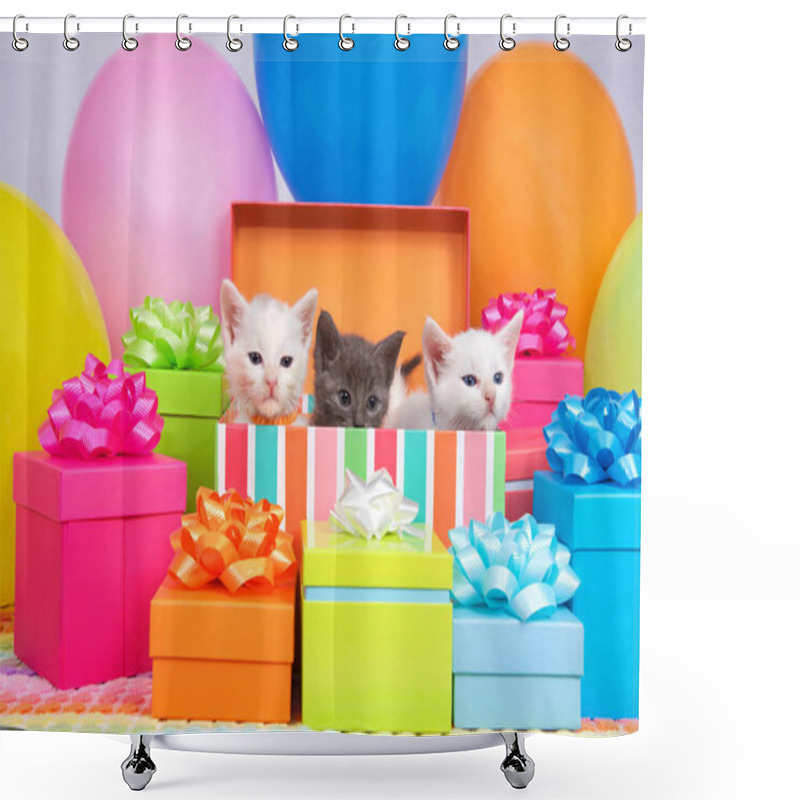 Personality  Two Small White Kittens And One Gray Kitten Peaking Out Of A Birthday Present Box, Surrounded By Bright Colorful Party Balloons And Presents With Bows. Shower Curtains