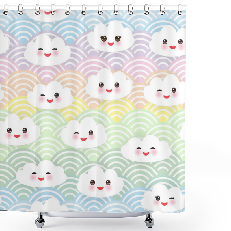 Personality  Kawaii Funny White Clouds Set, Muzzle With Pink Cheeks And Winking Eyes. Seamless Pattern On Blue Mint Orange Pink Lilac Japanese Wave Background. Vector Illustration Shower Curtains