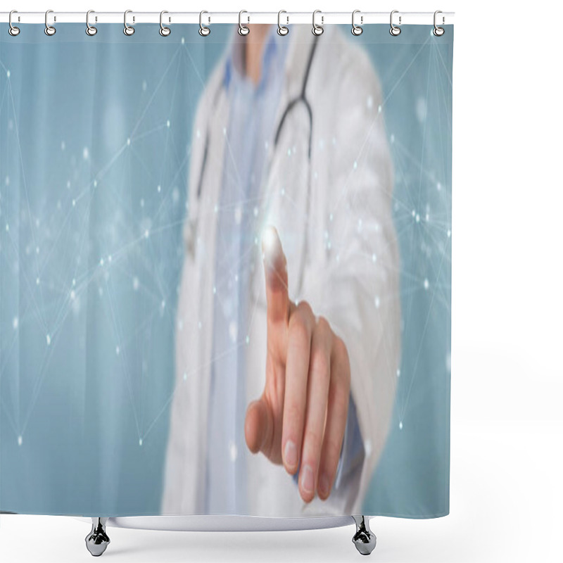 Personality  Scientist Using Floating Digital Network Connections With Dots A Shower Curtains