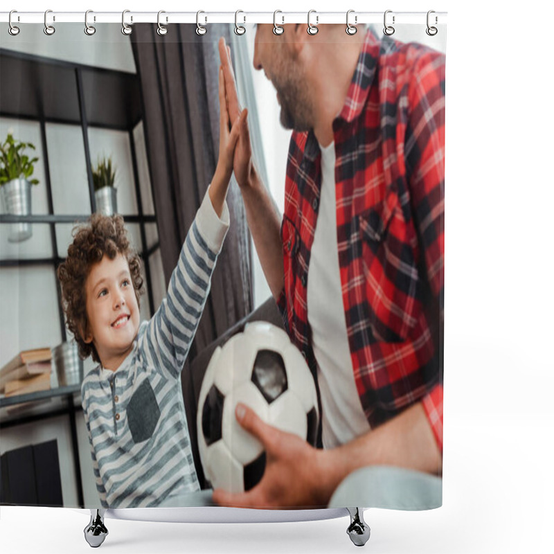 Personality  Selective Focus Of Cheerful Father With Football Giving High Five To Curly Son Shower Curtains