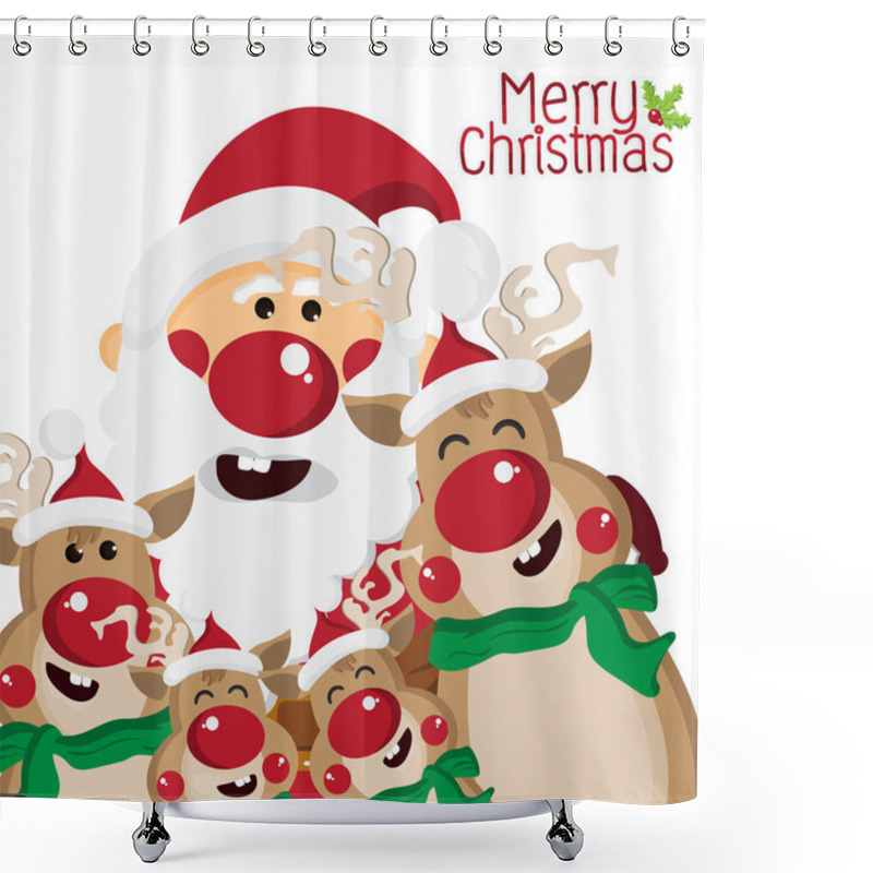 Personality  Happy Santa Claus And Reindeer Family Cartoon Characters For Christmas Greeting,Happy New Year Concept,design For Card And Poster,Vector Illustration. Shower Curtains