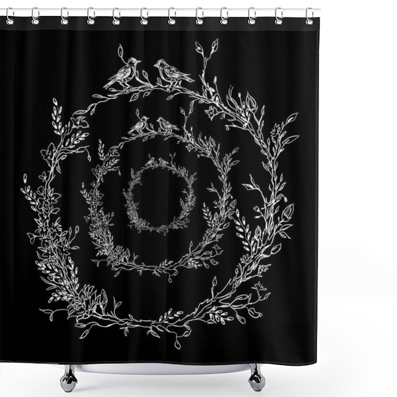 Personality  Elegant And Cute Illustration. Birds Sit On Each Branch. Printing For Textile And Industrial Purposes. And A Beautiful Romantic Frame Of Flowers And Twigs. Vector Illustration. Shower Curtains