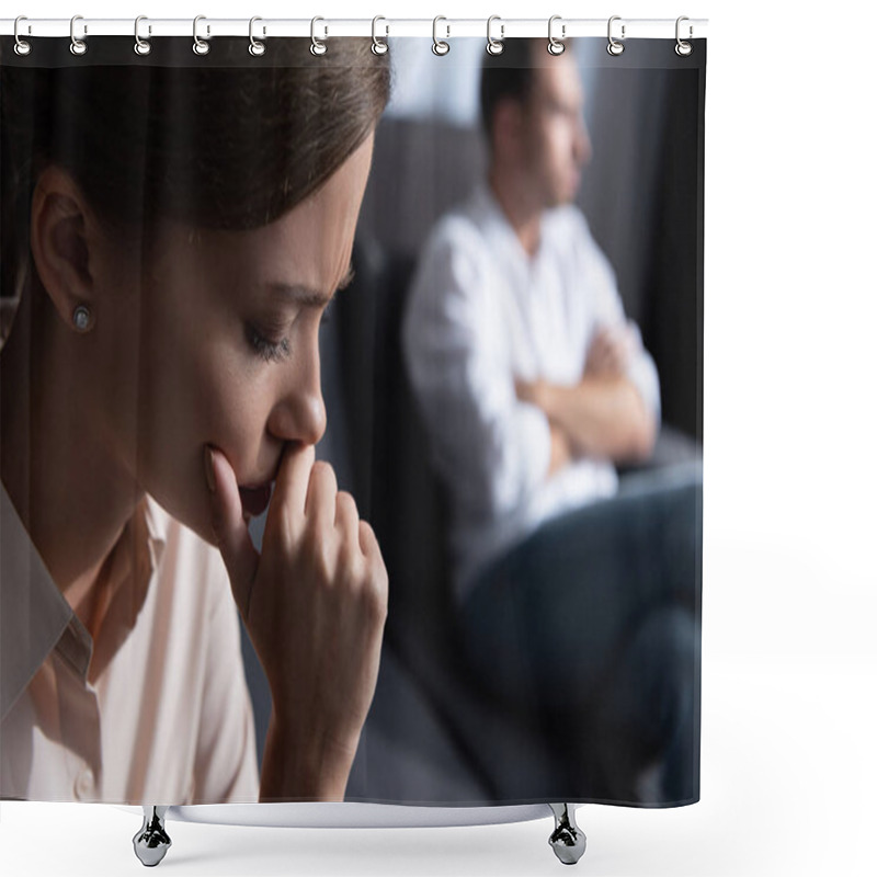 Personality  Upset Pensive Young Woman And Husband Sitting On Sofa Shower Curtains