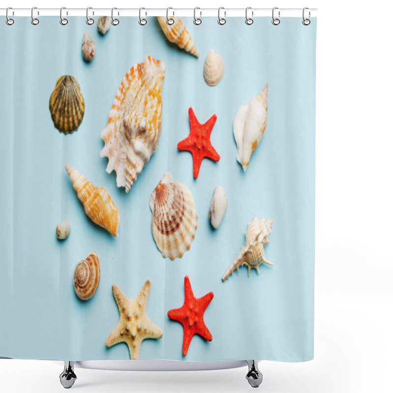 Personality  Summer Time Concept Flat Lay Composition With Beautiful Starfish And Sea Shells On Colored Table, Top View. Shower Curtains