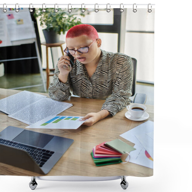 Personality  A Committed Woman With A Stylish Bald Look Reviews Charts As She Talks On The Phone. Shower Curtains