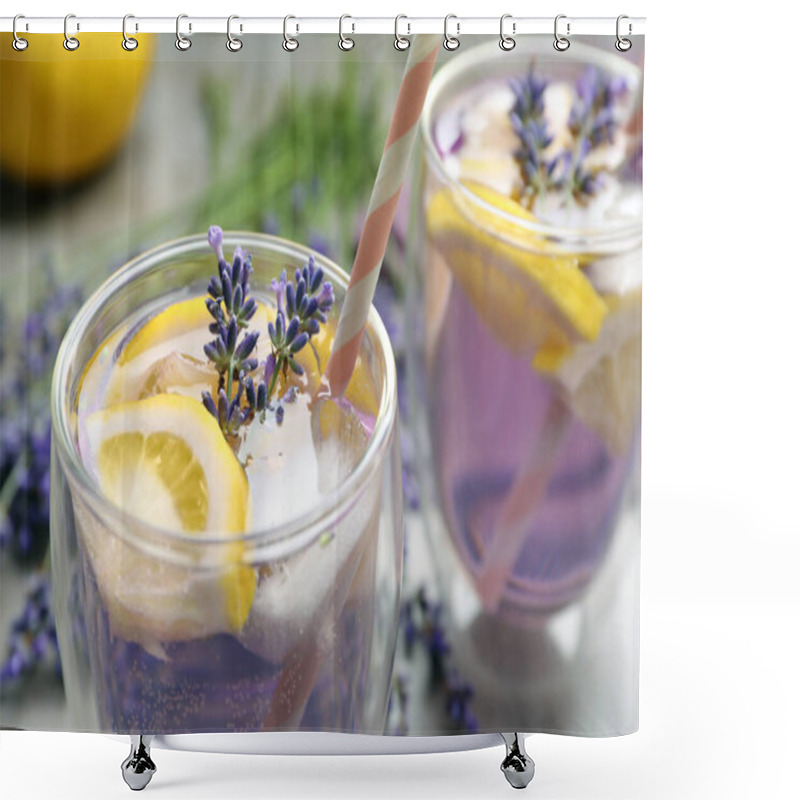 Personality  Fresh Delicious Lemonade With Lavender On Grey Table, Closeup Shower Curtains