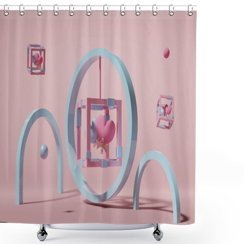 Personality  Two Heart Shaped Balloon In Box With With Geometric Shapes In Pink Pastel Composition Valentine's Day Concept ,abstract Background ,3d Illustration Or 3d Render Shower Curtains